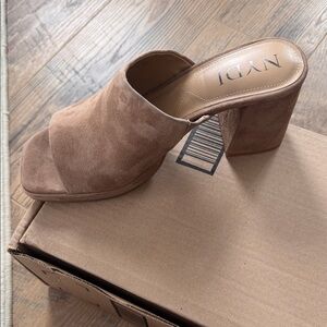 NYDJ Tan Suede Block Heel Mules